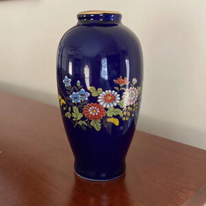 Vintage MCI Japan Bud Vase Cobalt Blue Floral Print With Gold Rim 4" Tall
